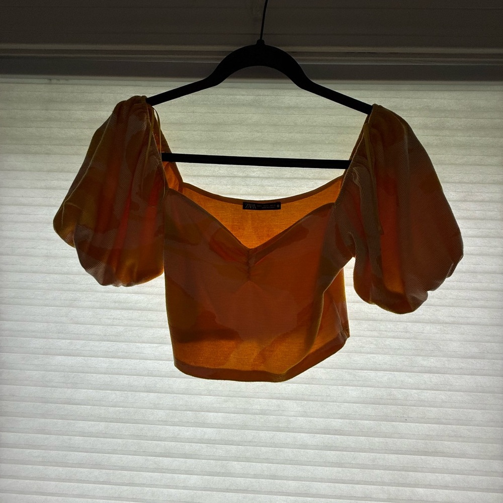 Zara Orange Puff Sleeve Crop Blouse